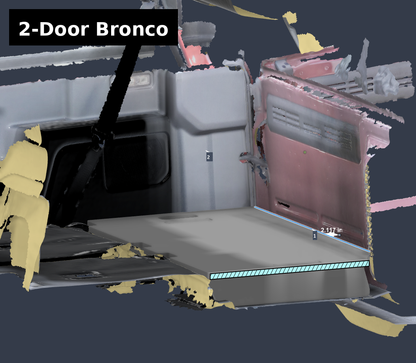 2-Door Ford Bronco leveling platform 3D design scan: board flush with folded rear seat backs, about 2.1 in gap at side panel