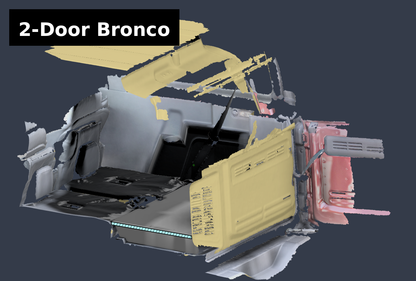 2-Door Ford Bronco cargo area 3D scan showing leveling platform fit from tailgate to folded rear seats