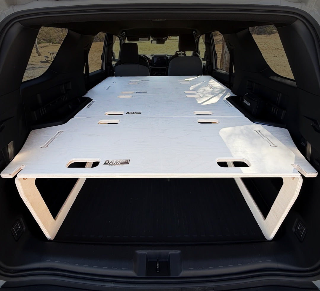 Shown: similar BamBeds kit in birch in a 2025+ Toyota 4Runner (6th gen). It isn't the Toyota Sienna 2021+ BamBed kit, which will be Hex; the final kit may differ.