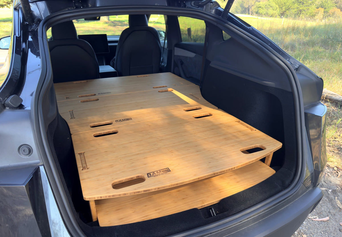 BamBeds bamboo leveling platform in Tesla Model Y, hatch open