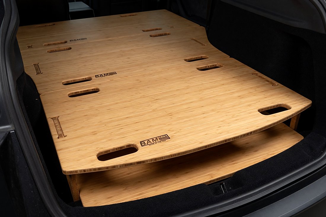 BamBeds bamboo leveling platform in Tesla Model Y
