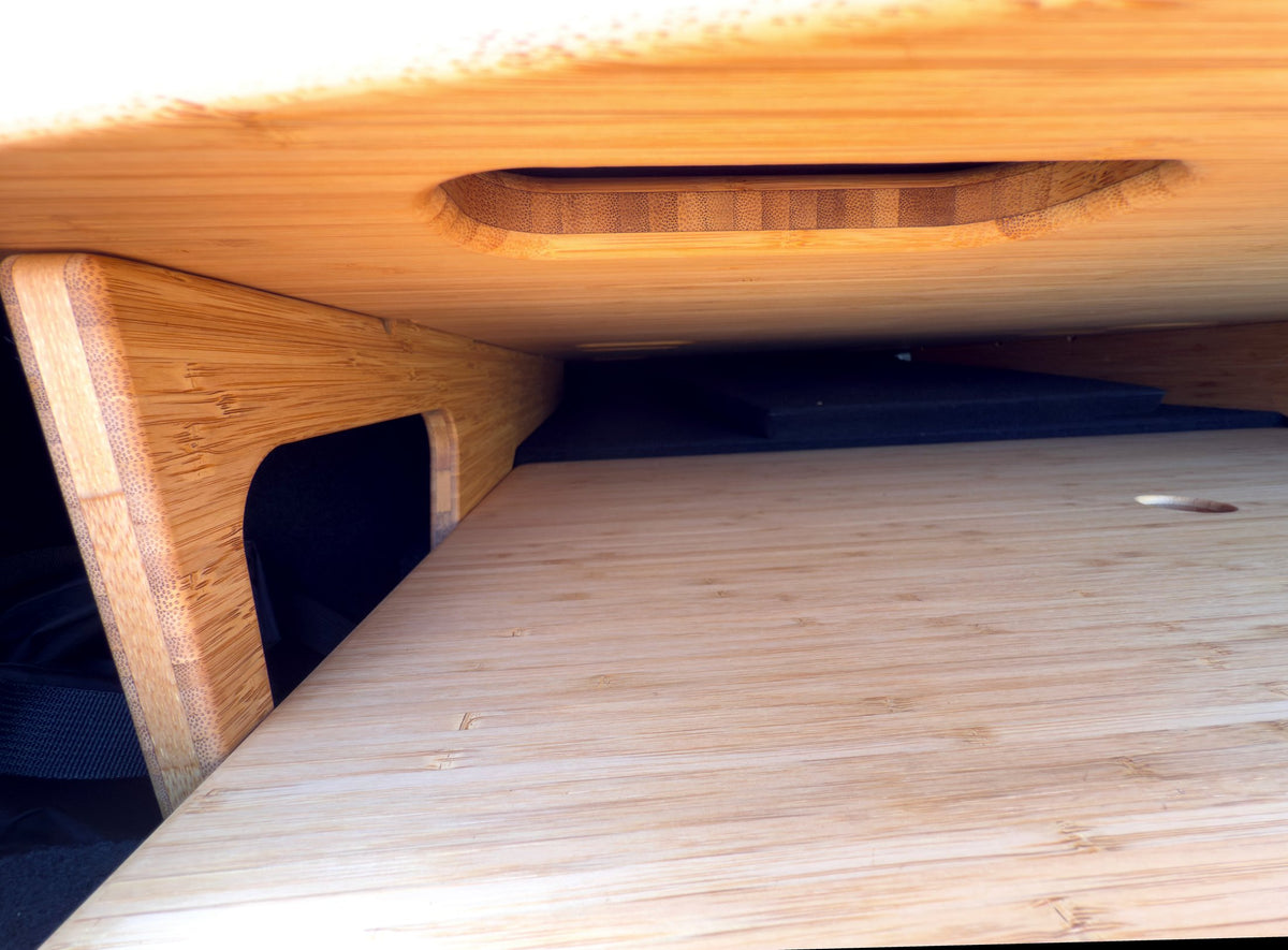 Bamboo edge and storage detail on BamBeds Tesla Model Y platform